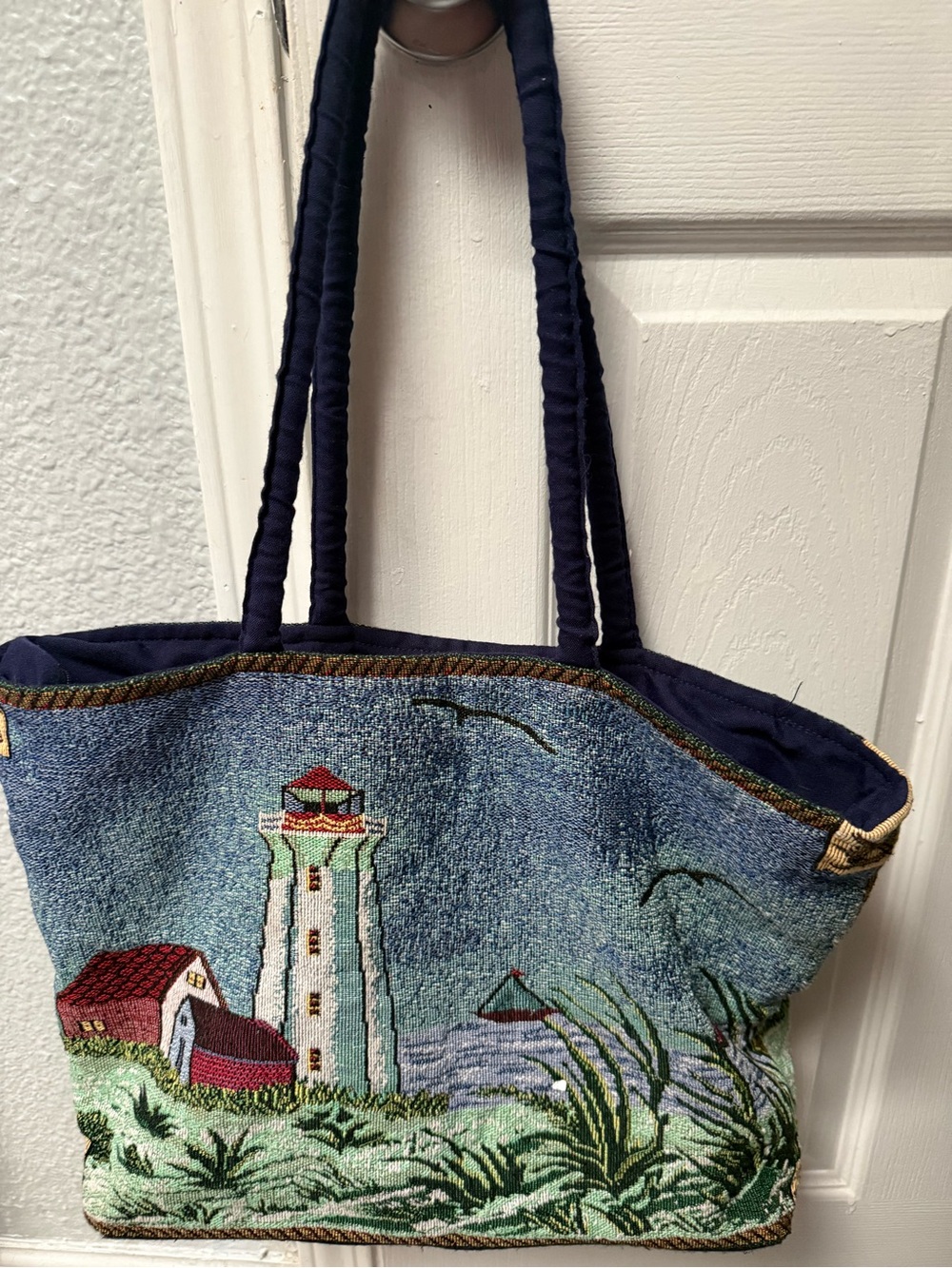 Navy Lighthouse Tapestry Tote Bag